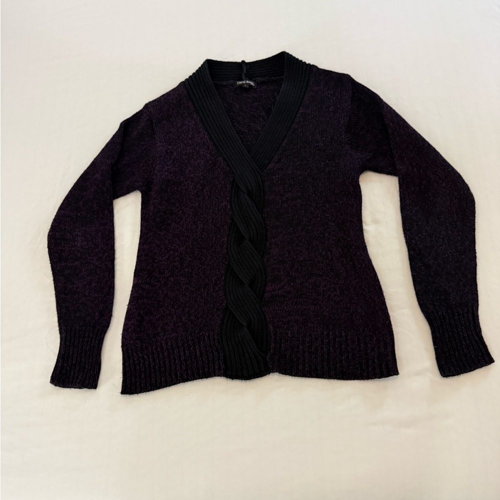Carol Rose Purple Cable Knit Cardigan Sweater Black Trim - Size L